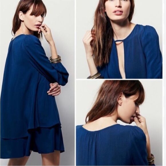 Free People Long Sleeve Keyhole Neck Blue Beck Layered Swing Dress. Size Small - Picture 2 of 10